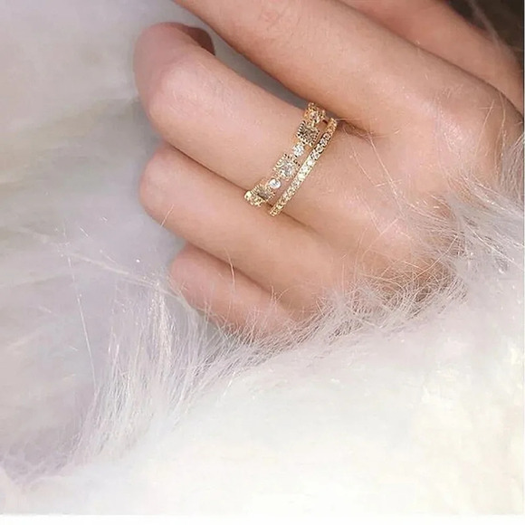 NEW Women's Double Layer Simulated Diamond Gold-Plated S925 Ring,‎ Adjustable - Picture 4 of 12